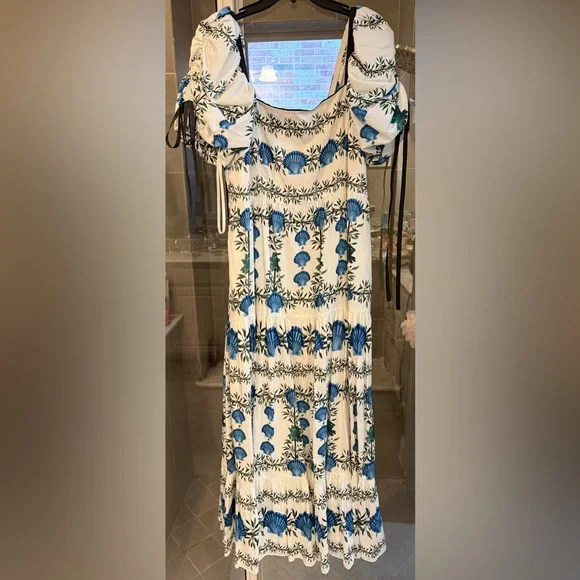 Antonio Melani x Jen Sumko Blue Shell Green Floral Cottage Core Dress Size 12 - Picture 2 of 7